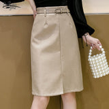 Christmas Gift 2021 Autumn High Waist PU Leather Skirt Mid-length A-line All-match Hip-wrap Skirt Solid Straight Belt Split Pencil Skirts 17102