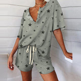 Christmas Gift Summer Fashion Women's Pajamas V-Neck Short Sleeve Tracksuit Print Splicing Sleepwear Set Nightwear Home Suit For Women Clothes
