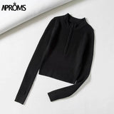 Christmas Gift Aproms Elegant High Neck Zipper Front Knitted Sweater Women Solid Basic Cropped Pullover Winter Spring Fashion Clothing Top 2021