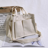 Kukombo Women Handbag Shopper Casual Canvas Large Capacity Pocket Bags Simple Solid Color Messenger Shoulder School Bag Travel Tote