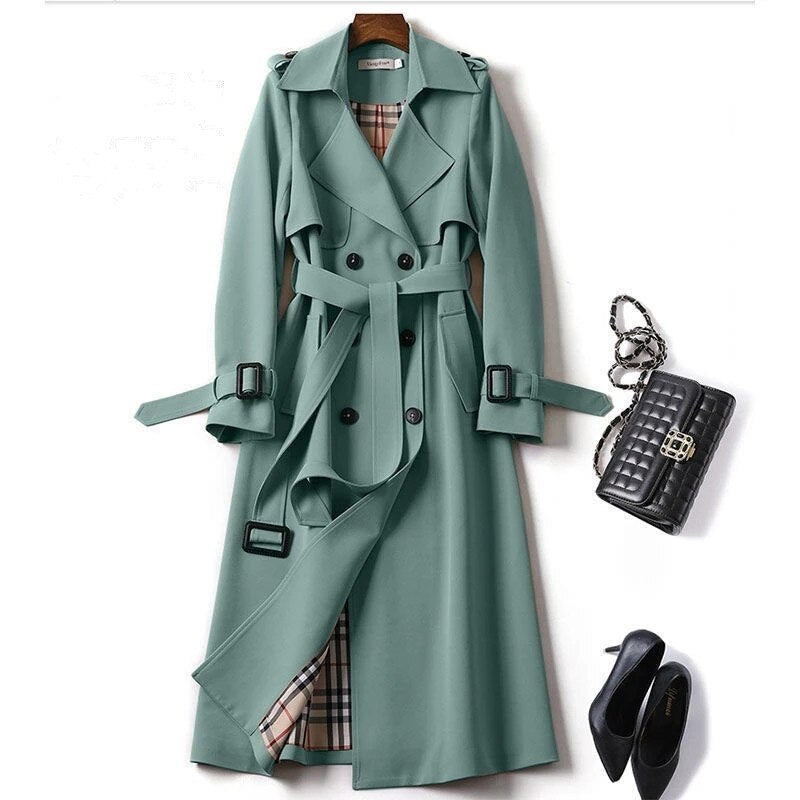 Christmas Gift Women's Long Trench Coats New Autumn Lapel Double Breasted Slim Windbreaker Korean Elegant Belted Solid Coat Ladies Outwear