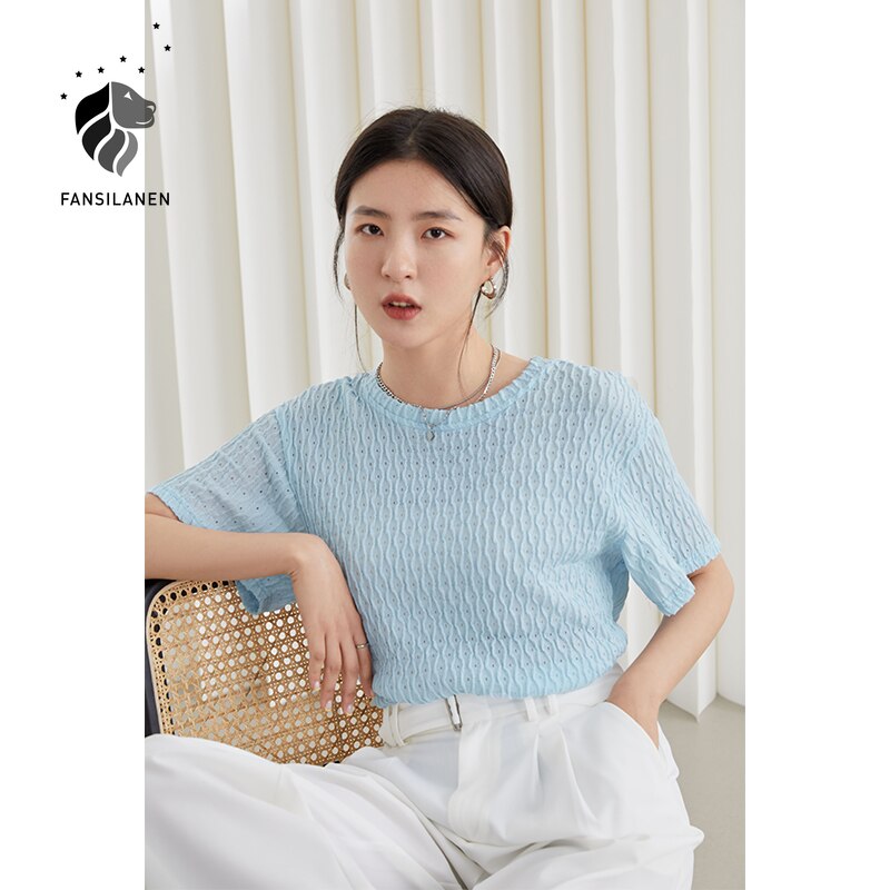 Christmas Gift FANSILANEN Office Lady French Short-sleeved Blue White T-shirt Women Summer 2021 New Wild Texture Pleated Straight Casual Tops