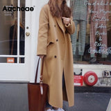 Christmas Gift Casual Black And Khaki Coat Women Long Sleeve Office Wear Elegant Long Coats Double Breasted Wide Waisted Pocket Coat