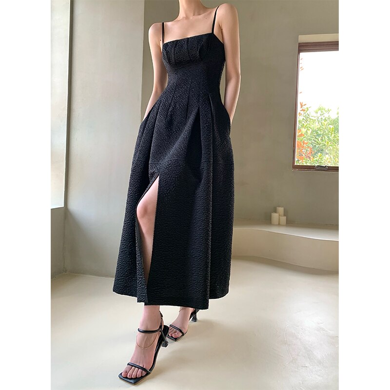 Kukombo Summer Elegant Women Spaghetti Strap Robe Slim Female Split Vintage Black Party Dress Sleeveless A-Line Vestidos