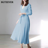 Christmas Gift BGTEEVER Elegant V-neck Thick Warm Women Knitted Pleated Dress Long Sleeve Belted Sashes Ladies Sweater Dress 2021 Autumn Winter