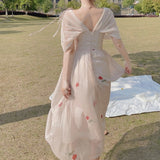 Kukombo Vintage Flower Fairy Midi Dress Women French Mesh Backless Design Long Dress Female Summer Classy Holiday Beach Party Dress 2022