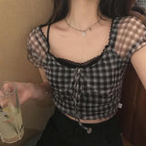 Christmas Gift 2022 Summer New Plaid Tshirts Women Retro Square Collar Shirt Casual Lace Tees Puff Sleeve Crop Tops Female Korean Fashion