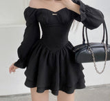 Kukombo Autumn Spring A-Line Dress Sexy Slim Solid Square Collar Puff Sleeve Mini Dresses For Women 2022 Eleggant Fashion Ladies