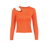 Kukombo Sexy Hollow Out Women T Shirt Casual Round Neck Long Sleeve Skinny Cropped Tops 2022 Autumn Solid Elegant Basic Tees