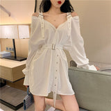 Kukombo Summer Vintage Shirts Strapless Women Blouse Black Tops With Belt Casual Long Shirts Off The Shoulder Top Shirt
