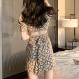 Kukombo New Style Korean-Style WOMEN's Wear French-Waist Hugging A- Line V-Neck Backless Short Sleeve Dress