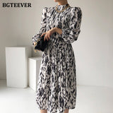 Christmas Gift BGTEEVER Spring Fashion Stand Collar Women Dress Elegant Long Sleeve Loose Female Lace-up Printed Mid-length Dress Vestidos 2021