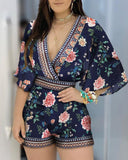 Kukombo Deep V Neck Floral Half Sleeve Romper Women Playsuits Summer Casual One Piece Overalls