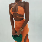 Kukombo Sexy Streetwear Neon Orange Two Pieces Skirt Sets Women Tracksuit Fashion Halter Bandage Tops And Long Skirts Matching Set Suits