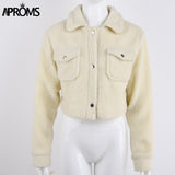 Christmas Gift Aproms Elegant Solid Color Cropped Teddy Jacket Women Front Pockets Thick Warm Coat Autumn Winter Soft Short Jackets Female 2021