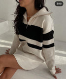 Kukombo Knitted Striped Sweater Long Sleeve Tops Jumper Zip Up Turtleneck Pullover Knitwear Oversized Knit Long Sweaters For Women 2023