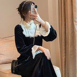 Graduation Gift Big Sale French Retro Black Midi Dress Women Elegant One Piece Dress Korean 2023 Autumn SLim Lace Evening Party Velvet Dress Female Cute