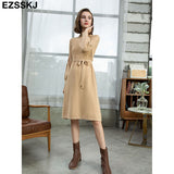 Christmas Gift 2021 autumn winter o-neck midi sweater dress women A-Line midi sweater dress with belt elegant a-line solid loose dress