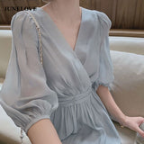 Kukombo  Summer French Retro Dress Women Elegant Puff Sleeve Korean Dress Female Office Lady Casual V-neck Chiffon Fairy Dress 2022 New