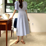 Kukombo New 2022 Women Summer Dresses Lace Up Vintage Puff Sleeve High Waist Elegant Korean Style Pure Lady Long Dress DR1338