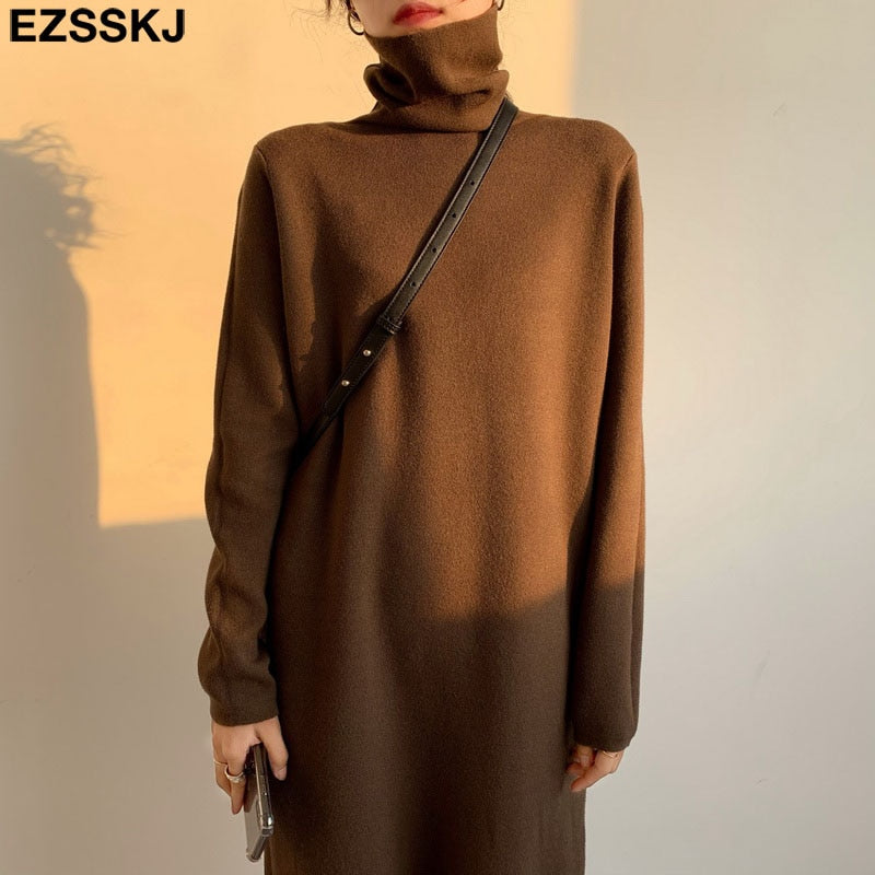 Christmas Gift 2021 Casual autumn winter Pile collar thick maxi weater pullovers dress Women basic loose sweater female turtleneck long dress