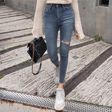 Christmas Gift Button Fly Women Jeans High Waist Denim Pants Women High Elastic Skinny Pants Ripped Hole Stretchy Women Trousers