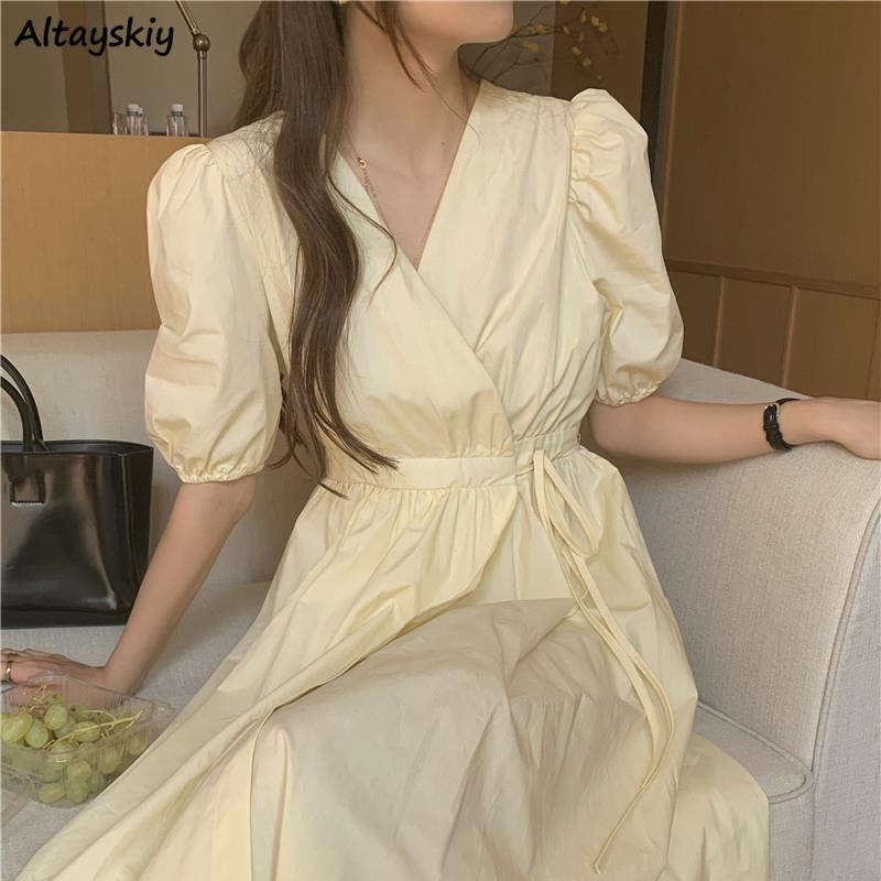 Christmas Gift Yellow Dress Women Summer Puff-sleeve Mid Calf Harajuku Sweet Students BF All-match Thin Casual Sundress Chic Breathable Design