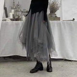 Kukombo Gothic Gray Tulle Long Irregular Pleated Skirts Elastic High Waist A-Line Mesh Midi Skirts Vintage Punk Streetwear Streetwear