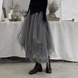Kukombo Gothic Gray Tulle Long Irregular Pleated Skirts Elastic High Waist A-Line Mesh Midi Skirts Vintage Punk Streetwear Streetwear