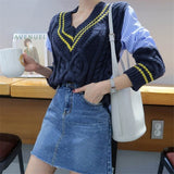 Christmas Gift 2021 Winter Spring Women's Sweaters Patchwork Srtiped V-Neck pullover Stylish Knitted Korean Female Jumpers SW1162