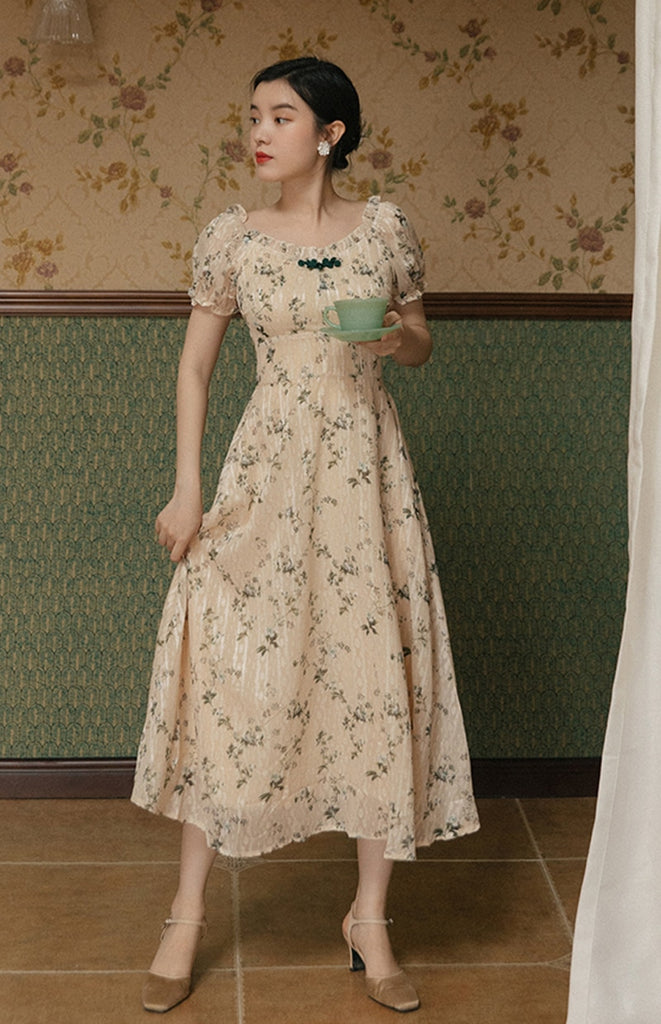 Kukombo Back to school outfit Summer Elegant Jacquard Midi Dress Vinta