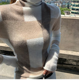 KukomboChristmas Gift New Cashmere Sweater Women's High-Neck Color Matching 100% Pure Wool Pullover Fashion Plus Size Warm Knitted Bottoming Shir-A