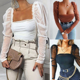 Christmas Gift Y2K Women Sexy Casual Solid Color Mesh Patchwork Puff Sleeve Ruched Blouse Stylish Square Neck Blouse Ladies Female Casual Top