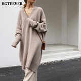 Christmas Gift BGTEEVER Chic Stylish Oversized V-neck Sweater Midi Dress Long Sleeve Thick Warm Autumn Winter Loose Female Knitted Dress 2021