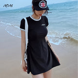 Kukombo Cute Swimsuit Women Swimwear Girl Korean Style O Neck 2 Piece Sets Strap Waist Skirt Swimming Bathing Suit Beach Wear Monokini