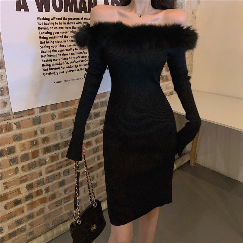 Kukombo  Women Knitted Dress 2022Autumn Winter Long Sleeve Off Shoulder White Sexy Party Dresses For New Year Furry Collar Elegant Robe