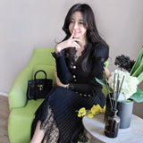 Christmas Gift Spring Autumn Black Sweater V-Neck Stitching Lace Elegant Long-Sleeved Knitted Top + Elastic Waist Skirt Suit