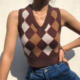 Christmas Gift HEYounGIRL Brown Argyle Vintage Cropped Sweater Vest Autumn Sleeveless Knit Pullover Preppy Style Casual Plaid Knitwear 90s