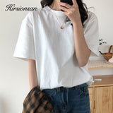 Christmas Gift Hirsionsan 100% Cotton T Shirt Women Summer New Oversized Solid Basic Tees 9 Color Casual Loose Tshirt Korean O Neck Khaki Tops