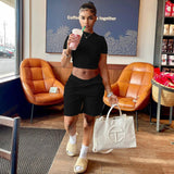 Kukombo Two Pieces Sets Women Short Sleeve O-neck T-shirt & Elastic Waist Bodycon Shorts