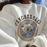 Kukombo Women Fashion Leisure Style Loose Hoodie Spring Autumn Geometric Printing Round Collar Long Sleeve Harajuku Sweatshirt Tops