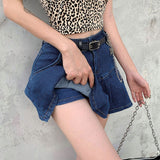 Kukombo Preppy Style Casual Zipper Fly Safety Short Denim Skirt Summer Streetwear Ruffles High Waist Mini Jeans Skirt For Women