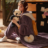Christmas Gift Pajamas Women's Autumn and Winter Thickened Plush Robe Set Long Student Cartoon Can Be Worn Outside Coral Velvet Home Clothes
