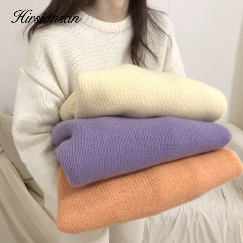 Christmas Gift Hirsionsan Candy Color Sweater Women 2020 New Korean Vintage Knitted Pullovers O Neck Loose Soft Elegant Ladies Clothes