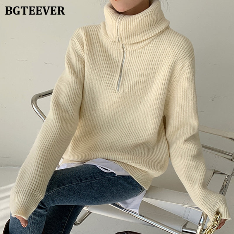 Christmas Gift BGTEEVER Fashion Thick Turtleneck Zipper Pullover Sweaters Women Loose Long Sleeve Female Solid Knitting Jumpers Autumn Winter