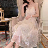 Kukombo 2022 Summer Folral Dress Women Sequin Elegant Sweet Cute Strap Prty Midi Dress Sexy Gentle Casual Beach Korean Dress