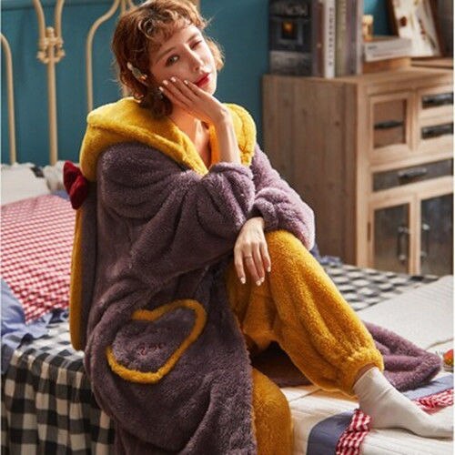 Christmas Gift Pajamas Women's Autumn and Winter Thickened Plush Robe Set Long Student Cartoon Can Be Worn Outside Coral Velvet Home Clothes