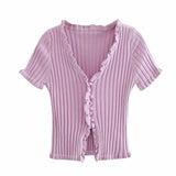 Kukombo Christmas Gift Summer Women Harajuku Knitted Short Ruffles Sleeve Shirt Crop Top Street Wear Femme Knit Skinny Tee Shirt Women