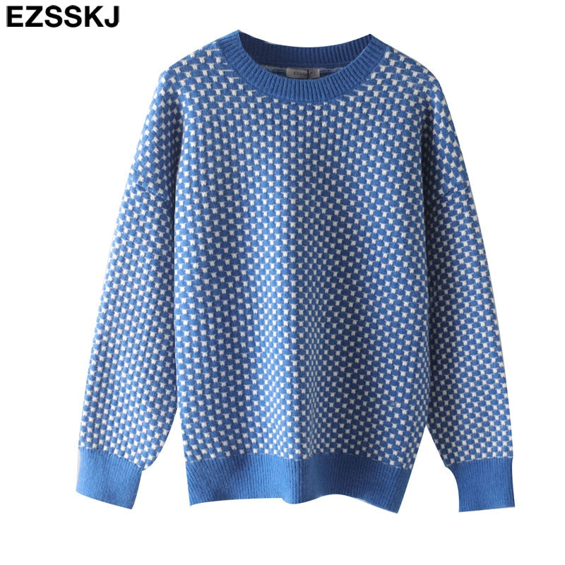 Christmas Gift oversize blue dot Sweater Pullovers Women winter autumn thick O-neck chic 2021 sweater long sleeve sweater top