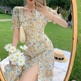 Kukombo Midi Dress Women Elegant A-Line Korean Vintage Purple Chiffon Summer Woman 2022 Dresses Party Square Collar Boho Vestidos